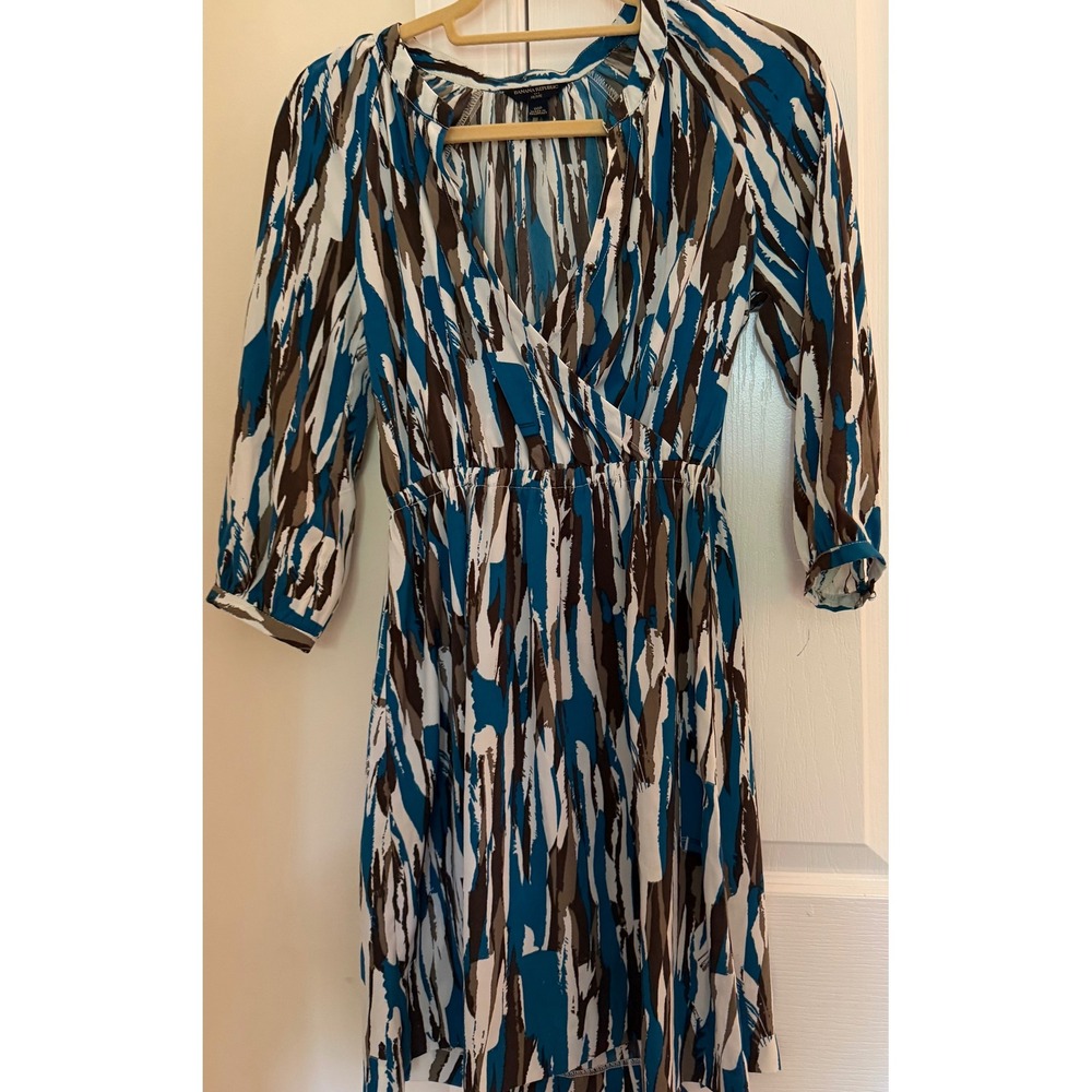 Banana Republic Petite Wrap Dress 00P Blue Brown Abstract Brushstroke V-Neck